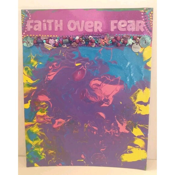 Faith Over Fear Mixed Media Acrylic Pour Inspirational Art Canvas Wall Decor - Picture 2 of 16